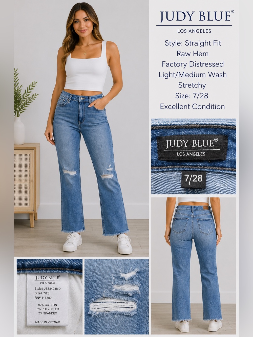 Judy Blue Straight Leg Distressed Raw Hem Jeans Size 7/28 Stretch Denim